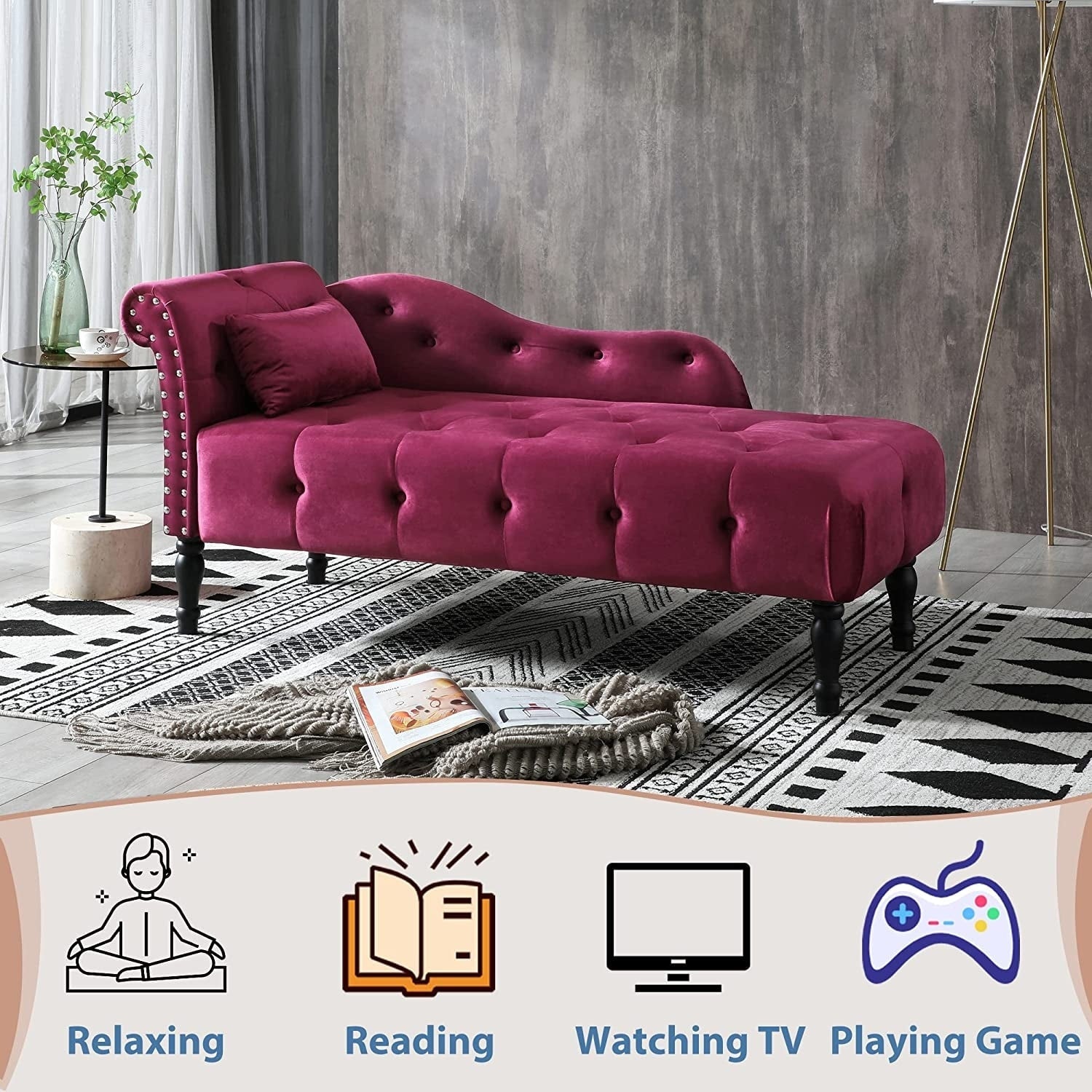 Chaise longue en velours 61 avec 1 coussin et garniture à clous cloutés