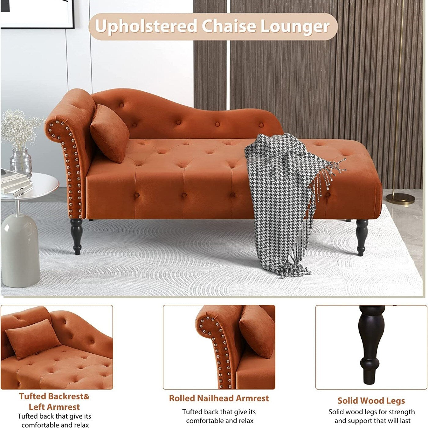 Chaise longue en velours 61 avec 1 coussin et garniture à clous cloutés
