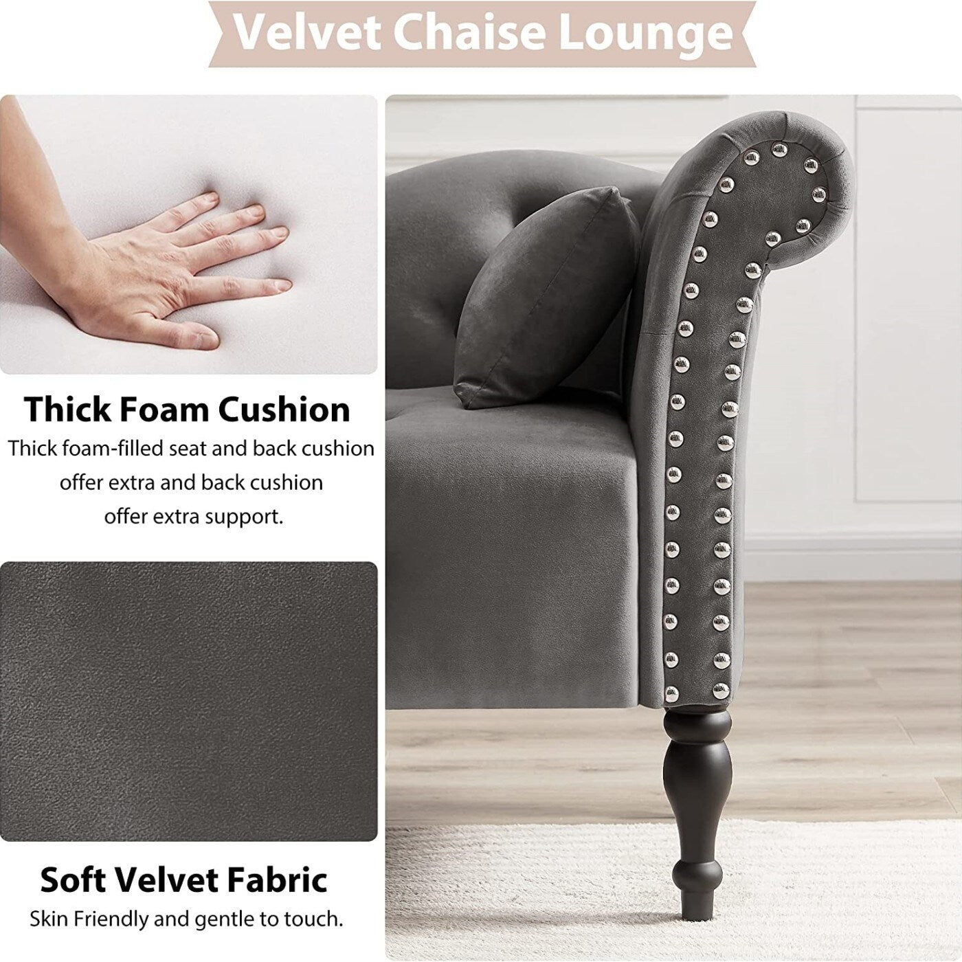 Chaise longue en velours 61 avec 1 coussin et garniture à clous cloutés