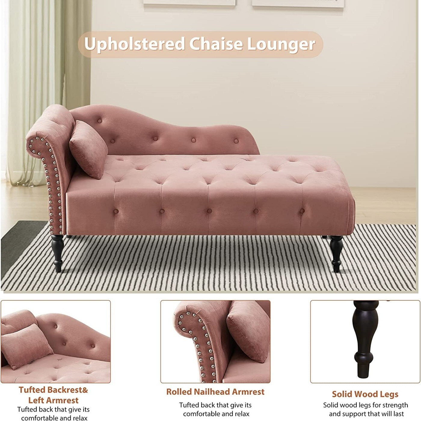 Chaise longue en velours 61 avec 1 coussin et garniture à clous cloutés