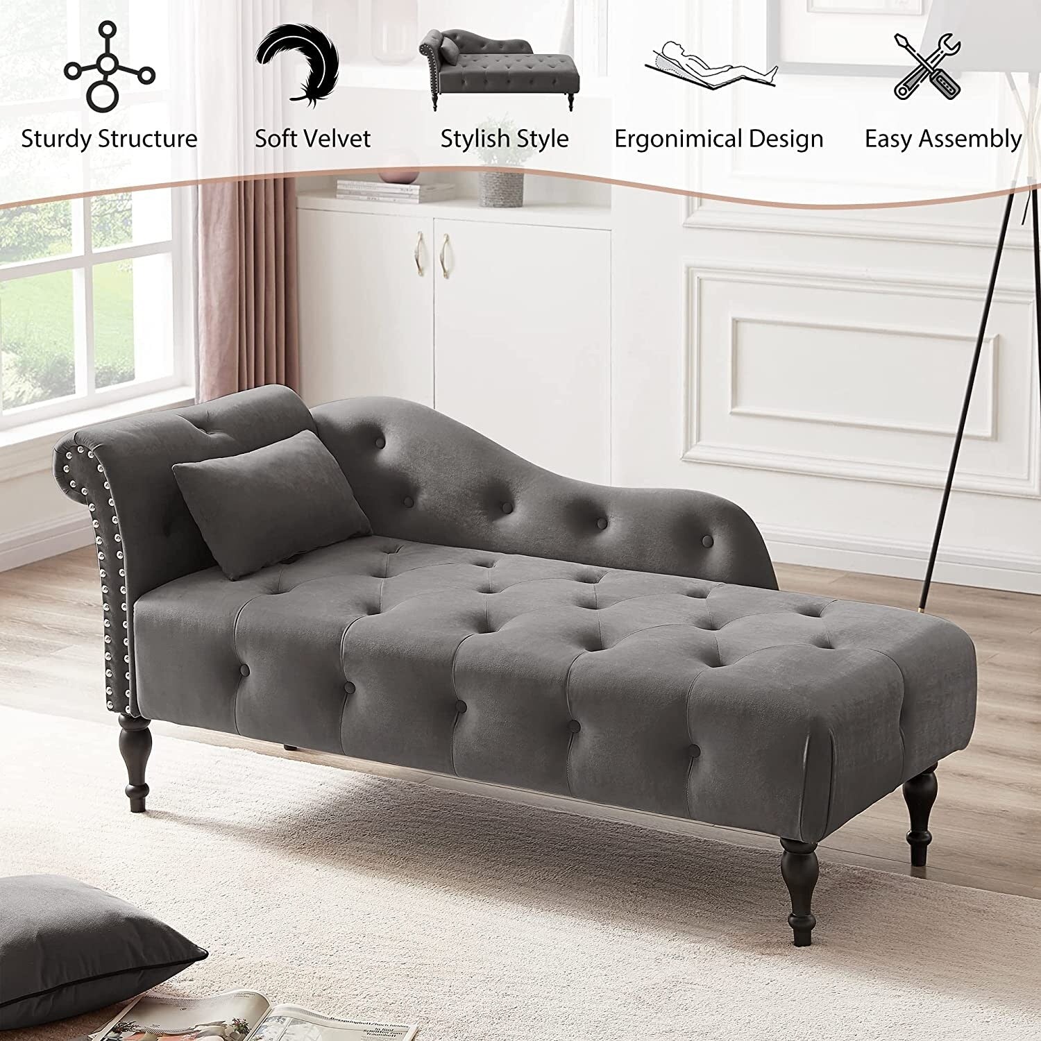 Chaise longue en velours 61 avec 1 coussin et garniture à clous cloutés