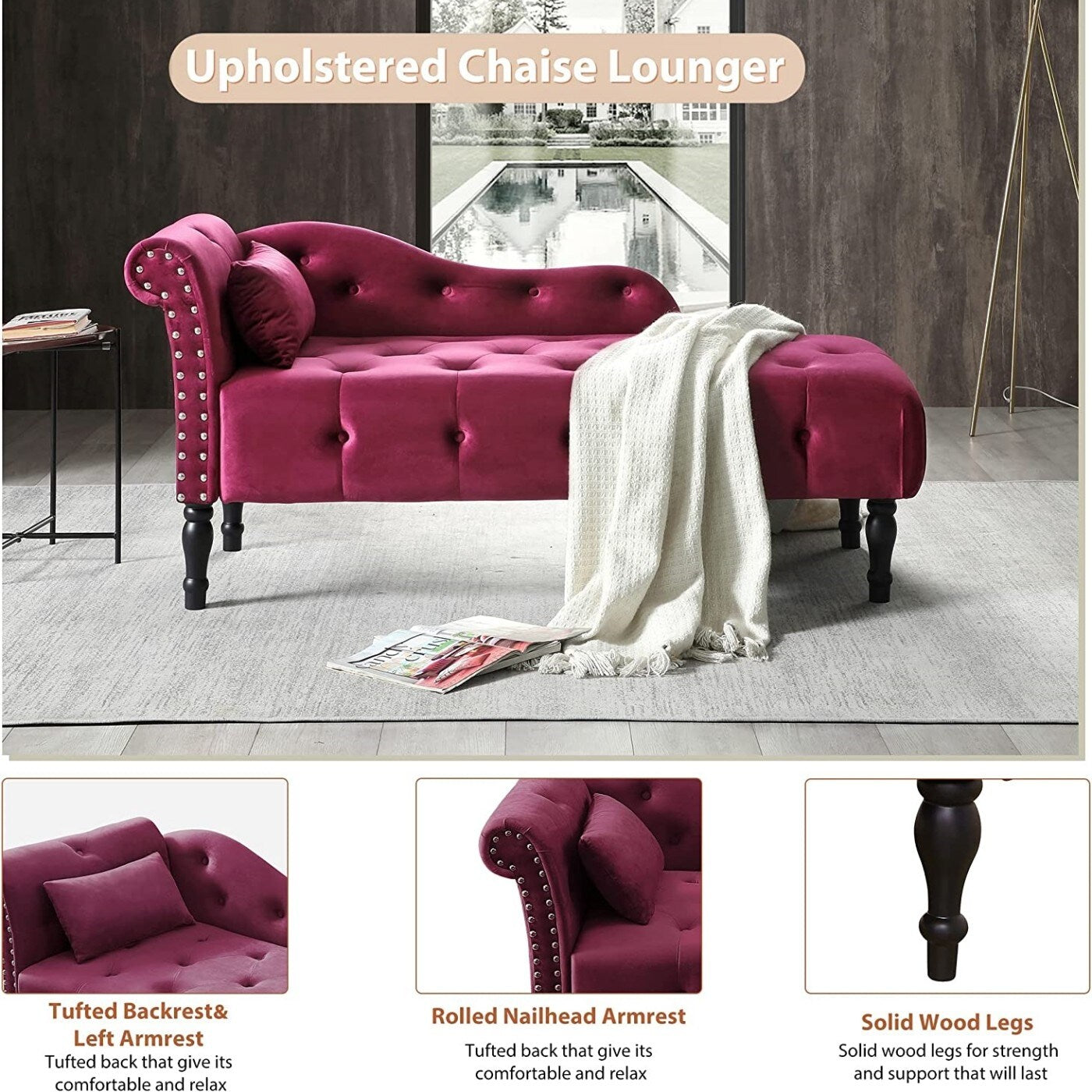 Chaise longue en velours 61 avec 1 coussin et garniture à clous cloutés