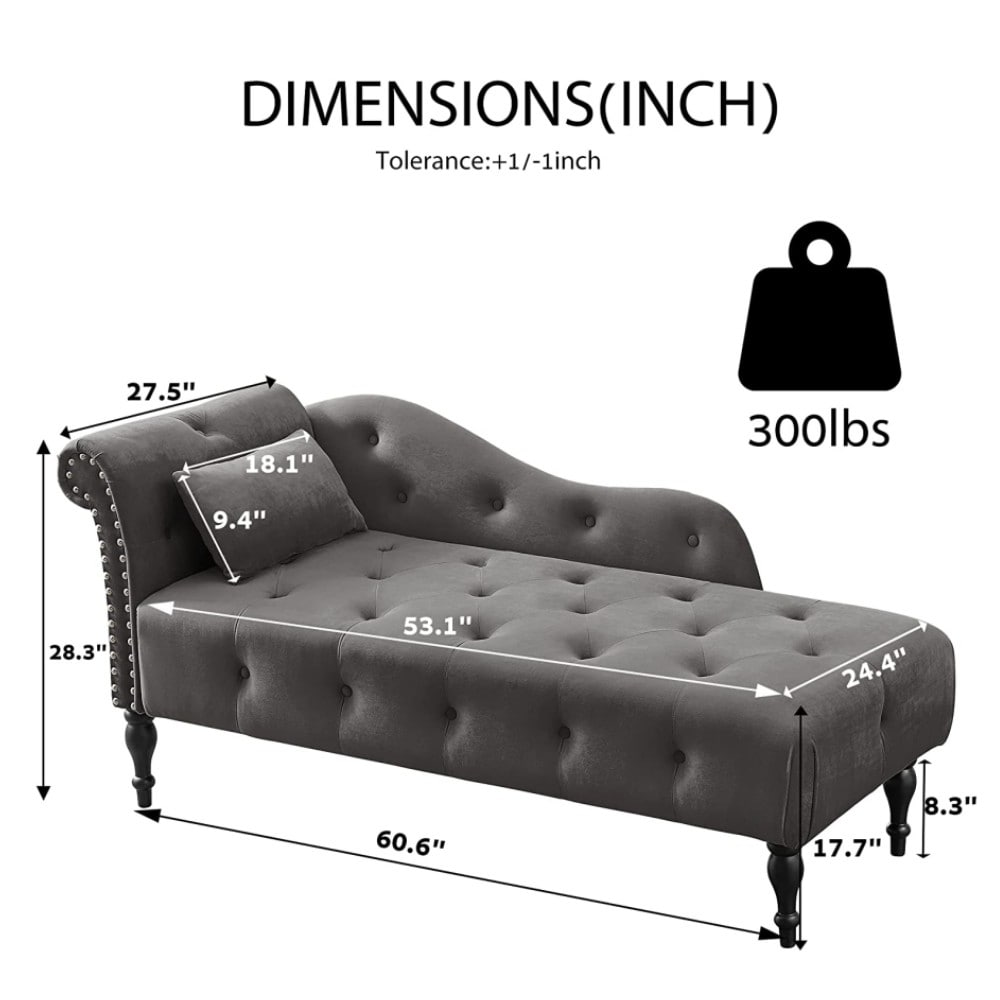 Chaise longue en velours 61 avec 1 coussin et garniture à clous cloutés