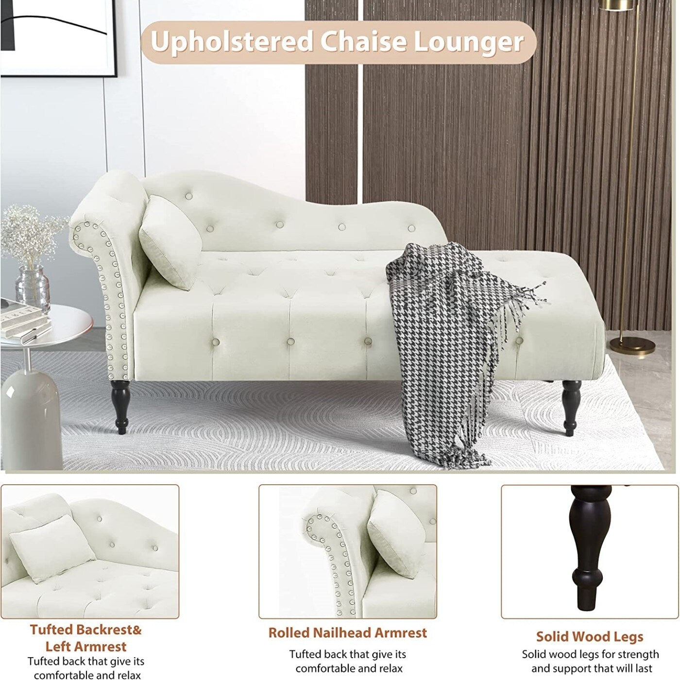 Chaise longue en velours 61 avec 1 coussin et garniture à clous cloutés