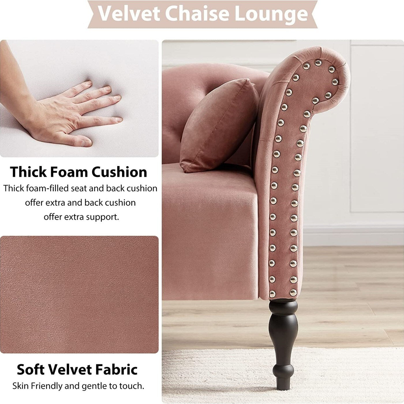 Chaise longue en velours 61 avec 1 coussin et garniture à clous cloutés