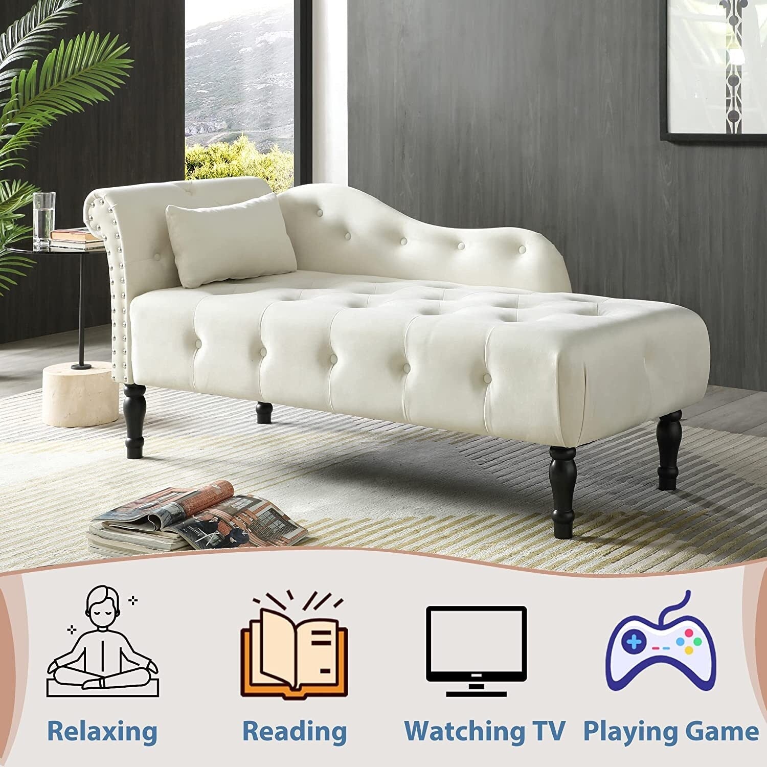 Chaise longue en velours 61 avec 1 coussin et garniture à clous cloutés